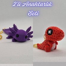 3D Atölye Maker  Mor Esnek Büyük Axolot ve Kırmızı Örgü Desen Hareketli Dino Anahtarlık