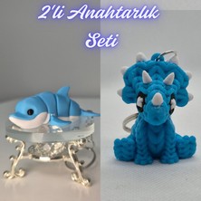 3D Atölye Maker  Açık Mavi Esnek Renkli Yunus ve Açık Mavi Örgü Desen Triceratops Anahtarlık