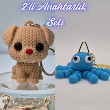 3D Atölye Maker  Krem Örgü Desenli Köpek ve Açık Mavi Şaşkın Ahtapot Anahtarlık