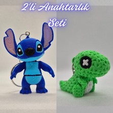 3D Atölye Maker  Mavi Esnek Stitch ve Yeşil Örgü Desen Hareketli Dino Anahtarlık