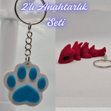 3D Atölye Maker  Açık Mavi Kedi Patisi ve Kırmızı Esnek Ejder Anahtarlık