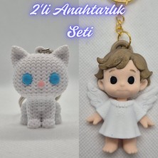 3D Atölye Maker  Beyaz Örgü Desenli Kedi ve Kanatlı Masal Çocuk Anahtarlık