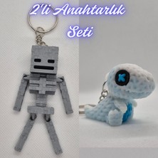 3D Atölye Maker  Gümüş MineCraft Skeleton ve Beyaz Örgü Desen Hareketli Dino Anahtarlık
