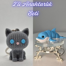3D Atölye Maker  Gümüş Örgü Desenli Kedi ve Açık Mavi Esnek Renkli Yunus Anahtarlık