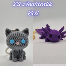 3D Atölye Maker  Gümüş Örgü Desenli Kedi ve Mor Esnek Büyük Axolot Anahtarlık