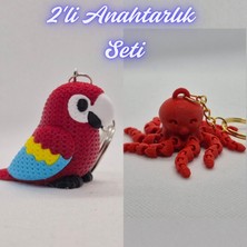 3D Atölye Maker  Kırmızı Örgü Desen Papağan ve Pembe Ahtapot  Anahtarlık