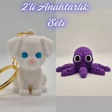 3D Atölye Maker Beyaz Örgü Desen Köpek-2 ve Mor Örgü Desen Ahtapot Anahtarlık