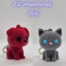 3D Atölye Maker  Kırmızı Örgü Desenli Köpek ve Gümüş Örgü Desenli Kedi Anahtarlık