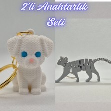 3D Atölye Maker  Beyaz Örgü Desen Köpek-2 ve Gümüş Esnek Kedi Anahtarlık