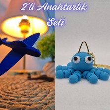 3D Atölye Maker  Mavi Uçak ve Açık Mavi Şaşkın Ahtapot Anahtarlık