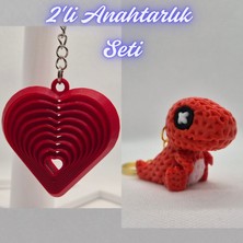 3D Atölye Maker  Kırmızı Hareketli Kalp ve Kırmızı Örgü Desen Hareketli Dino Anahtarlık