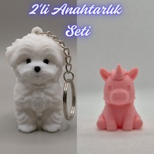 3D Atölye Maker  Beyaz Maltase Terrier ve Açık Pembe Unicorn Anahtarlık