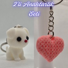 3D Atölye Maker  Beyaz Örgü Desenli Köpek ve Açık Pembe Örgü Desenli Kalp Anahtarlık