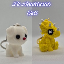 3D Atölye Maker  Beyaz Örgü Desenli Köpek ve Sarı Örgü Desen Triceratops Anahtarlık