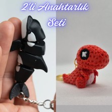 3D Atölye Maker  Siyah Esnek Balina ve Kırmızı Örgü Desen Hareketli Dino Anahtarlık