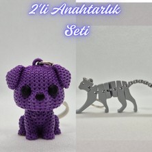 3D Atölye Maker  Mor Örgü Desenli Köpek ve Gümüş Esnek Kedi Anahtarlık