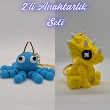 3D Atölye Maker  Açık Mavi Şaşkın Ahtapot ve Sarı Örgü Desen Triceratops Anahtarlık