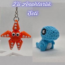 3D Atölye Maker  Turuncu Hareketli Deniz Yıldızı ve Açık Mavi Örgü Desen Hareketli Dino Anahtarlık