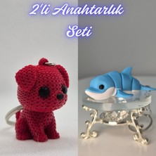 3D Atölye Maker Itfaiye Kırmızısı Örgü Desenli Köpek ve Açık Mavi Esnek Renkli Yunus Anahtarlık
