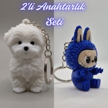 3D Atölye Maker  Beyaz Maltase Terrier ve Mavi Labubu Anahtarlık