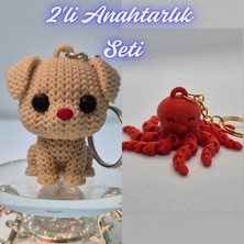 3D Atölye Maker  Krem Örgü Desenli Köpek ve Pembe Ahtapot  Anahtarlık