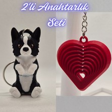 3D Atölye Maker  Siyah Border Esnek Köpek ve Kırmızı Hareketli Kalp Anahtarlık