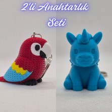 3D Atölye Maker  Kırmızı Örgü Desen Papağan ve Mavi Unicorn Anahtarlık