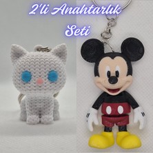 3D Atölye Maker  Beyaz Örgü Desenli Kedi ve Esnek Mickey Mouse Anahtarlık