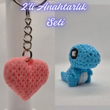 3D Atölye Maker Açık Pembe Örgü Desenli Kalp ve Açık Mavi Örgü Desen Hareketli Dino Anahtarlık