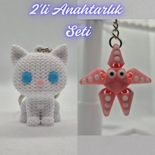 3D Atölye Maker  Beyaz Örgü Desenli Kedi ve Pembe Hareketli Deniz Yıldızı Anahtarlık