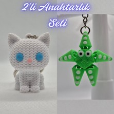 3D Atölye Maker  Beyaz Örgü Desenli Kedi ve Yeşil Hareketli Deniz Yıldızı Anahtarlık