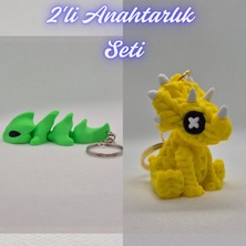 3D Atölye Maker Yeşil Esnek Ejder ve Sarı Örgü Desen Triceratops Anahtarlık