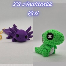 3D Atölye Maker  Mor Esnek Büyük Axolot ve Yeşil Örgü Desen Hareketli Dino Anahtarlık