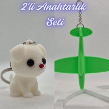 3D Atölye Maker  Beyaz Örgü Desenli Köpek ve Yeşil Uçak Anahtarlık