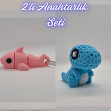3D Atölye Maker  Açık Pembe Esnek Köpek Balığı ve Açık Mavi Örgü Desen Hareketli Dino Anahtarlık