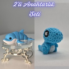 3D Atölye Maker  Açık Mavi Esnek Renkli Yunus ve Açık Mavi Örgü Desen Hareketli Dino Anahtarlık
