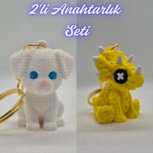 3D Atölye Maker Beyaz Örgü Desen Köpek-2 ve Sarı Örgü Desen Triceratops Anahtarlık