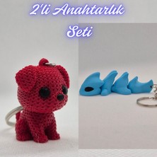 3D Atölye Maker  Kırmızı Örgü Desenli Köpek ve Açık Mavi Esnek Ejder Anahtarlık
