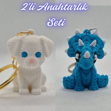 3D Atölye Maker Beyaz Örgü Desen Köpek-2 ve Açık Mavi Örgü Desen Triceratops Anahtarlık