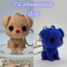 3D Atölye Maker  Krem Örgü Desenli Köpek ve Mavi Örgü Desenli Köpek Anahtarlık