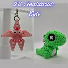 3D Atölye Maker  Pembe Hareketli Deniz Yıldızı ve Yeşil Örgü Desen Hareketli Dino Anahtarlık