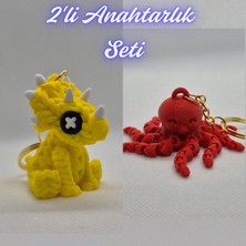 3D Atölye Maker  Sarı Örgü Desen Triceratops ve Pembe Ahtapot  Anahtarlık