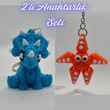 3D Atölye Maker  Açık Mavi Örgü Desen Triceratops ve Turuncu Hareketli Deniz Yıldızı Anahtarlık
