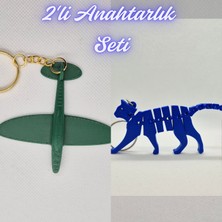 3D Atölye Maker  Koyu Yeşil Uçak ve Mavi Esnek Kedi Anahtarlık