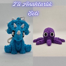 3D Atölye Maker Açık Mavi Örgü Desen Triceratops ve Mor Örgü Desen Ahtapot Anahtarlık