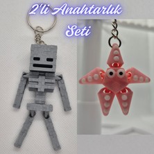 3D Atölye Maker  Gümüş MineCraft Skeleton ve Pembe Hareketli Deniz Yıldızı Anahtarlık