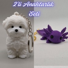 3D Atölye Maker  Beyaz Maltase Terrier ve Mor Esnek Büyük Axolot Anahtarlık