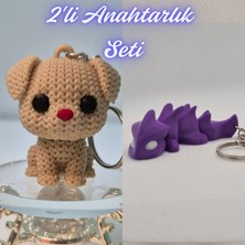 3D Atölye Maker  Krem Örgü Desenli Köpek ve Mor Esnek Ejder Anahtarlık