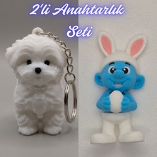 3D Atölye Maker  Beyaz Maltase Terrier ve Şirinler Anahtarlık