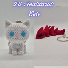 3D Atölye Maker  Beyaz Örgü Desenli Kedi ve Kırmızı Esnek Ejder Anahtarlık